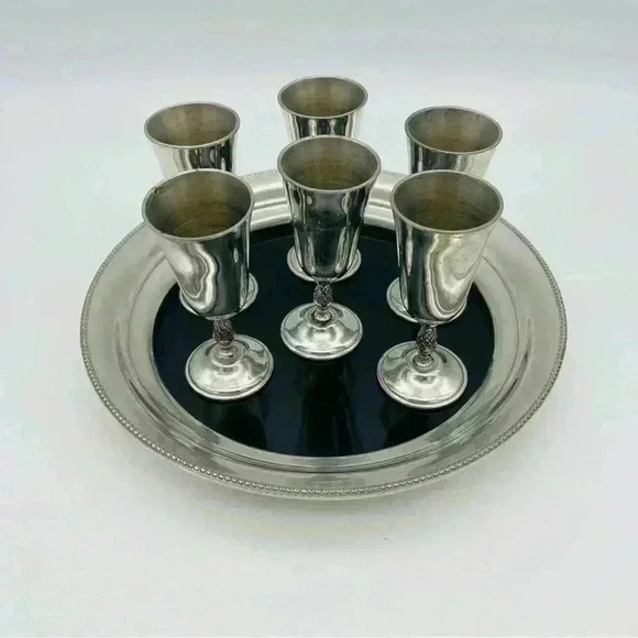 Revere Pewter 6 Cordial Pineapple Stem Footed Glasses with tray - Picture 3 of 14